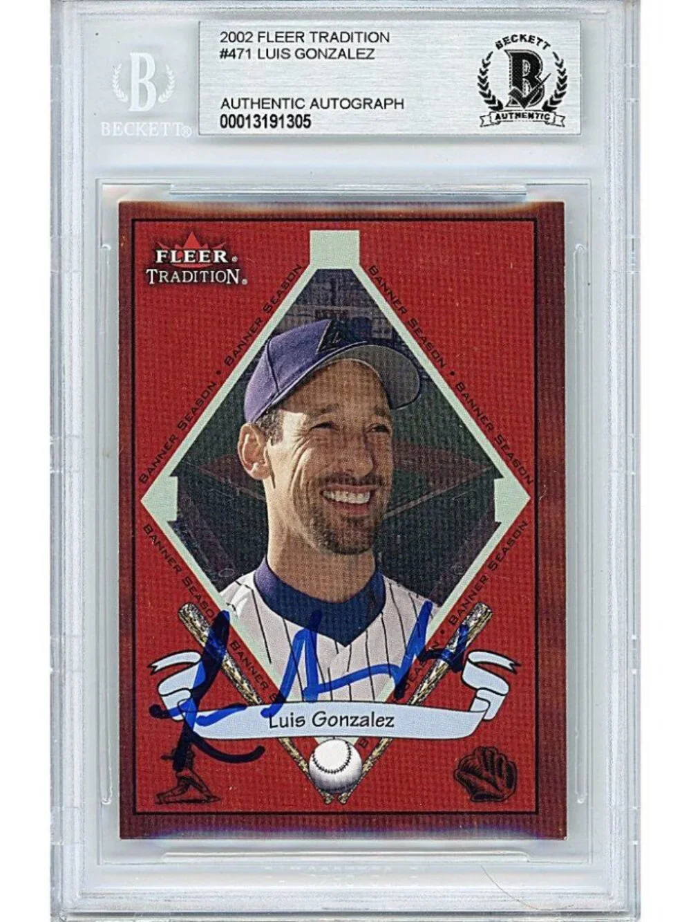 Luis Gonzalez DBacks Signed '02 Fleer Tradition Baseball Card Beckett Autograph